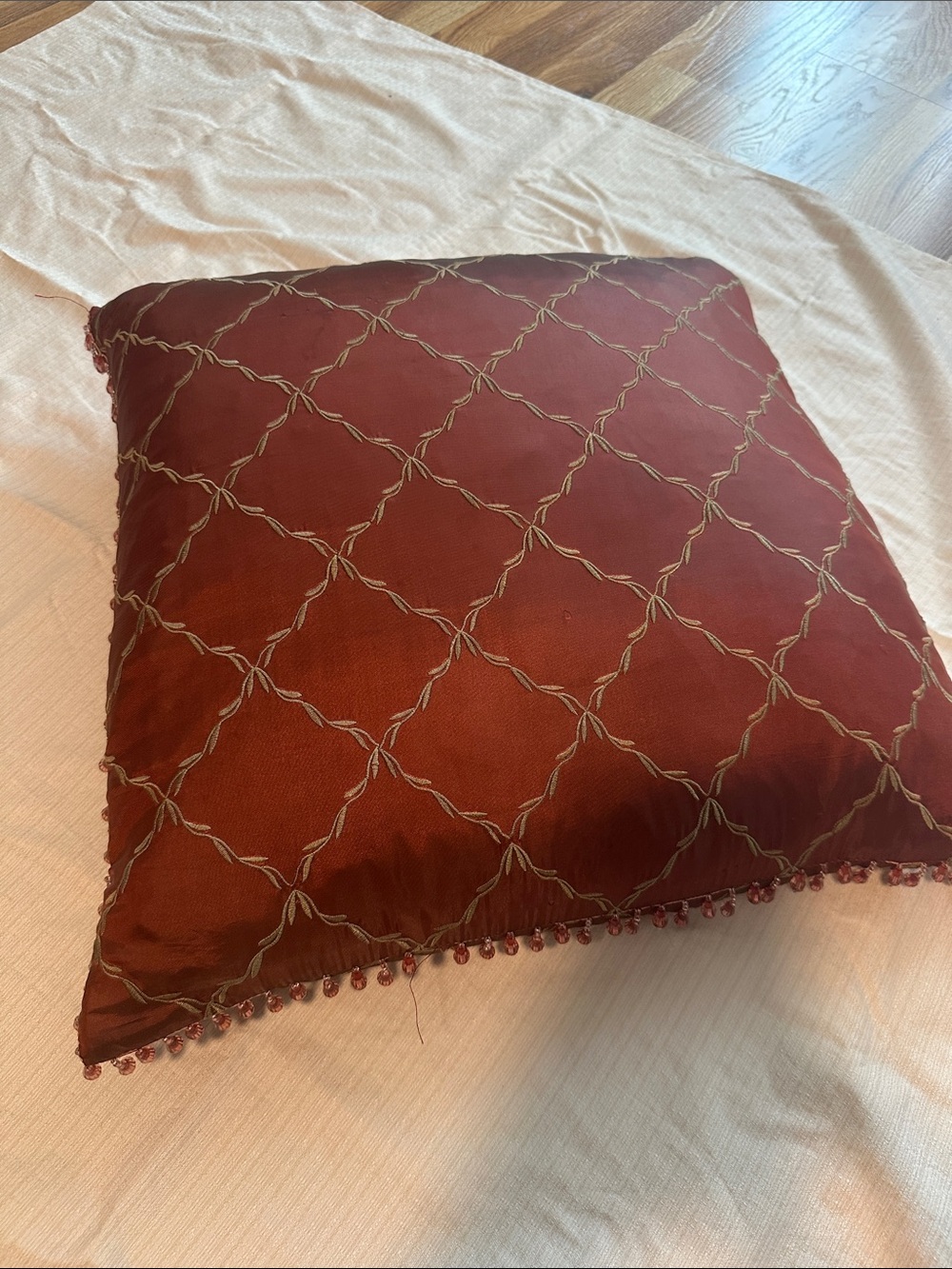 Red Decorative Down Throw Pillow with Beaded Trim 19”x19”